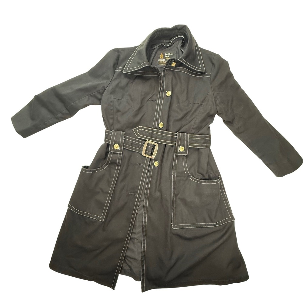 Vintage London Fog Caribe Cloth Trench Coat Black Contrast Stitch Belted 10 Reg